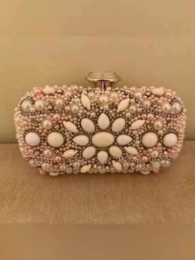 Woman’s Embellished Pearl Floral Clutch - Pink & Cream